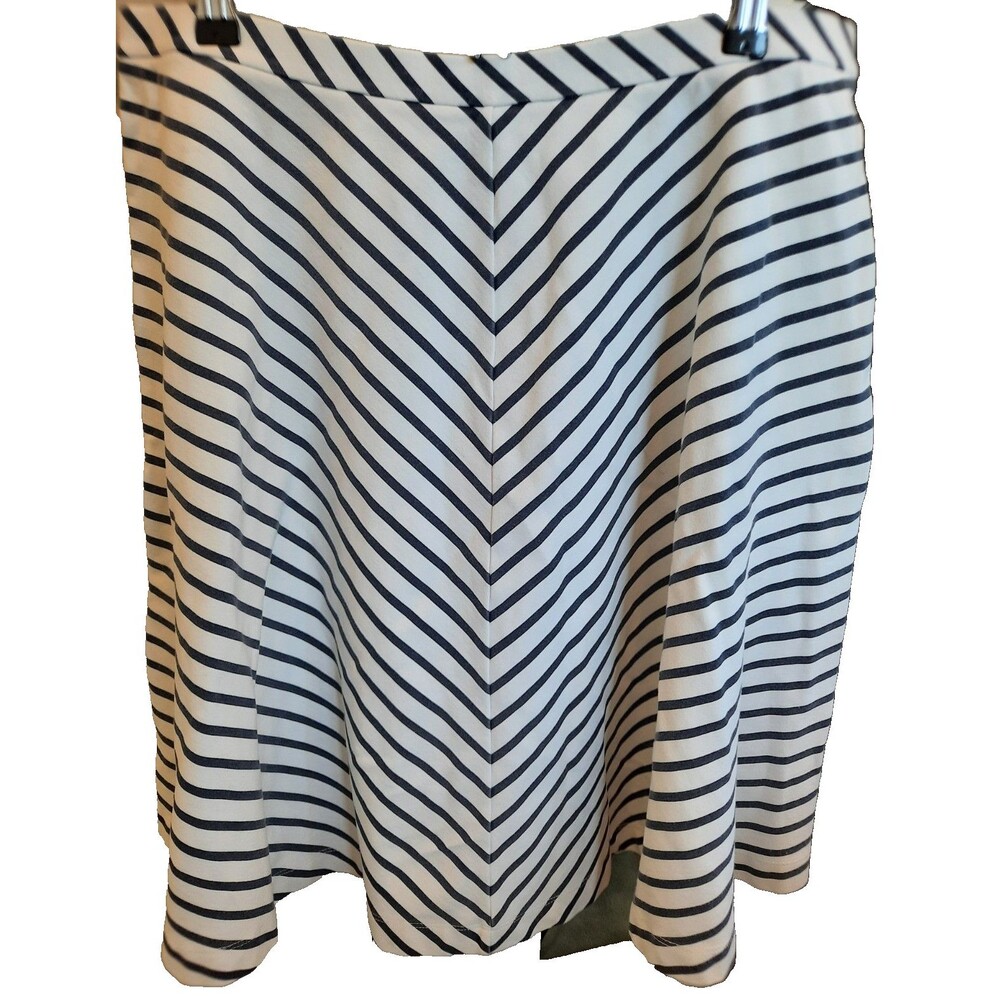 Lands End Striped Nautical Blue White A-Line Skirt Elastic Waist Knee Large